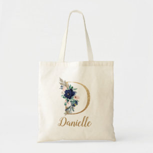 Navy Blauwe Blush Bloemengoud Letter D Tote Bag