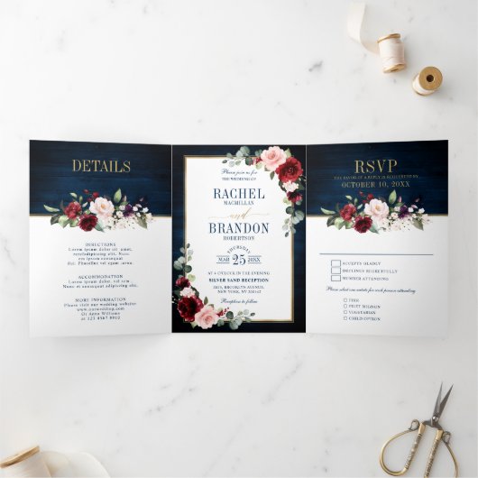 Navy Blauwe Blush Bourgondië Gouden Geometrische T Drieluik Aankondiging (Binnen)