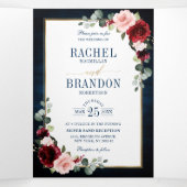 Navy Blauwe Blush Bourgondië Gouden Geometrische T Drieluik Aankondiging (Binnenkant midden)