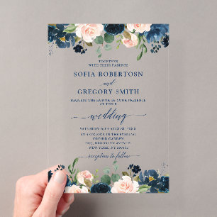 Navy Blauwe Blush Roze Boho Bruiloft Acryl Uitnodigingen