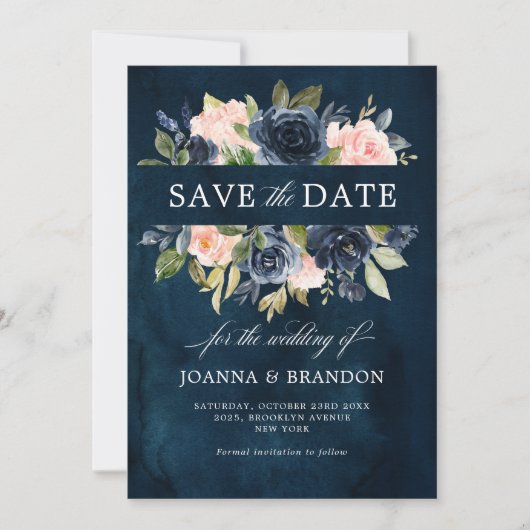 Navy Blauwe Blush Roze Boho Bruiloft Save The Date (Voorkant)
