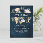 Navy Blauwe Blush Roze Boho Bruiloft Save The Date (Staand voorkant)