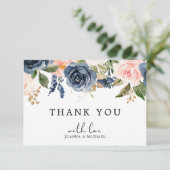Navy Blauwe Blush Roze Boho Roos Bedankkaart (Staand voorkant)