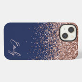 Navy Blauwe Blush Roze Gouden Glitter Monogram iPhone Hoesje (Achterkant horizontaal)