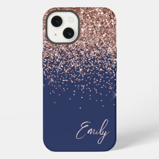 Navy Blauwe Blush Roze Gouden Glitter Monogram iPhone Hoesje (Achterkant)