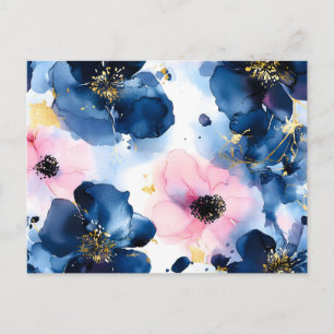 Navy Blauwe Blush Roze Gouden Waterverf Bloemen Feestdagenkaart