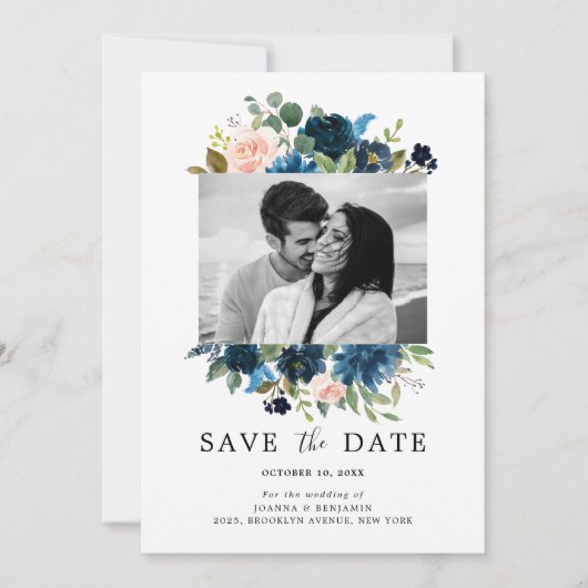 Navy Blauwe Blush Roze Roos Botanische Foto Save The Date (Voorkant)