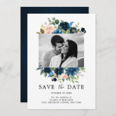 Navy Blauwe Blush Roze Roos Botanische Foto Save The Date (Voorkant / Achterkant)