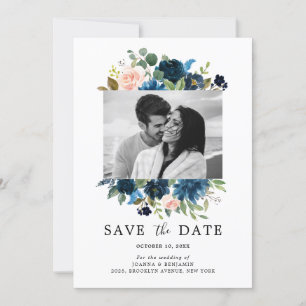 Navy Blauwe Blush Roze Roos Botanische Foto Save The Date
