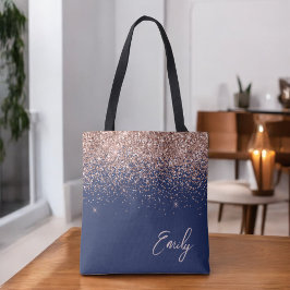 Navy Blauwe Blush Roze Rose Goud Glitter Monogram Tote Bag