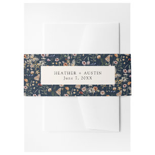 Navy Blauwe Boho Bloemen Uitnodiging Buikband Uitnodigingen Wikkel