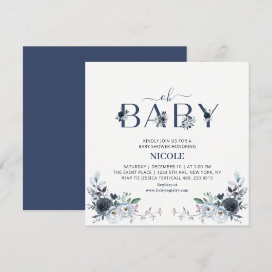 Navy Blauwe Boho Bloemige Jongens Baby Borrel Vier Kaart (Voorkant / Achterkant)