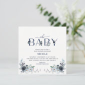 Navy Blauwe Boho Bloemige Jongens Baby Borrel Vier Kaart (Staand voorkant)