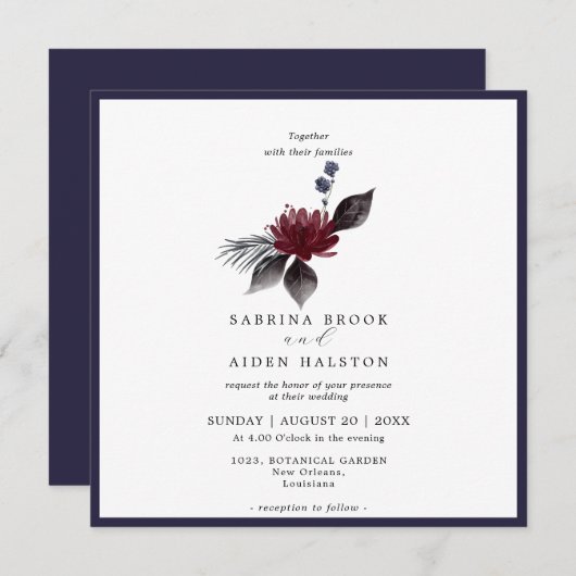 Navy Blauwe Bordeaux Rood Gotische Bloem Bruiloft  Kaart (Voorkant / Achterkant)