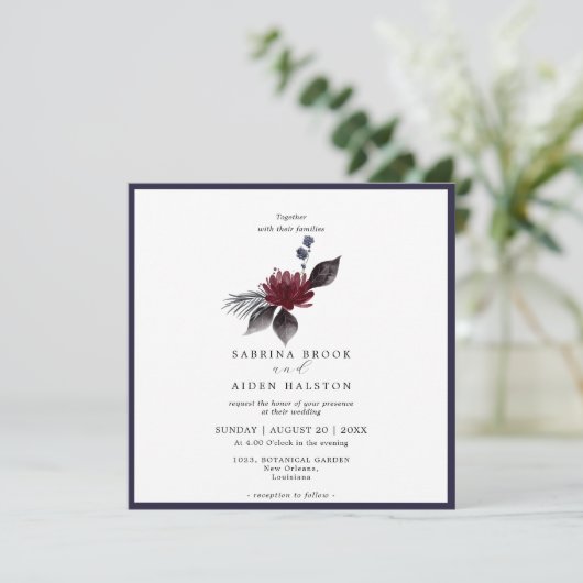 Navy Blauwe Bordeaux Rood Gotische Bloem Bruiloft  Kaart (Staand voorkant)