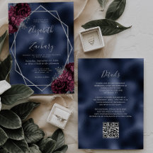 Navy Blauwe Bordeaux Zilveren Bloemencode QR Huwel
