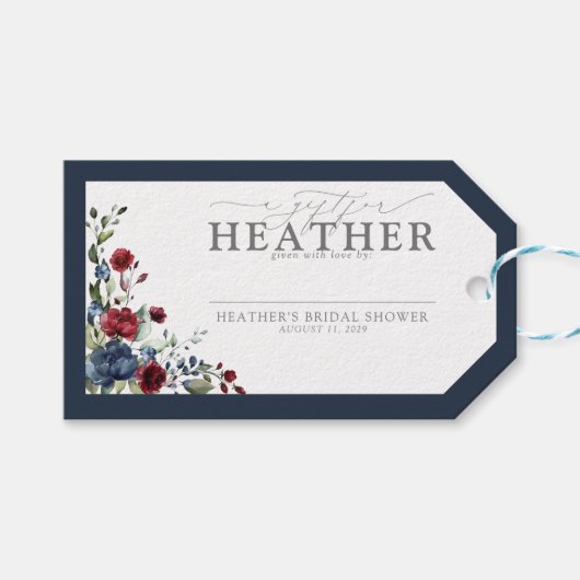 Navy Blauwe Bourgondische Bloemachtige Bruidsdouch Cadeaulabel (Voorkant (Horizontaal))
