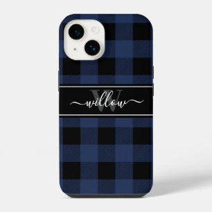 Navy Blauwe Buffalo Plaid Patroon Naam Monogram iPhone 14 Hoesje