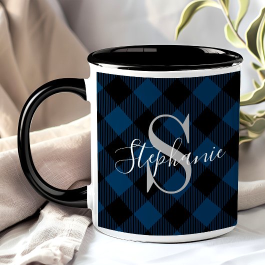 Navy Blauwe Buffalo Plaid Rustieke Monogram Naam Mok