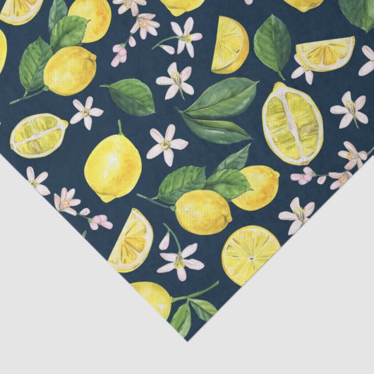 Navy Blauwe Citrus Citroen Bloemig Tissuepapier (Detail)