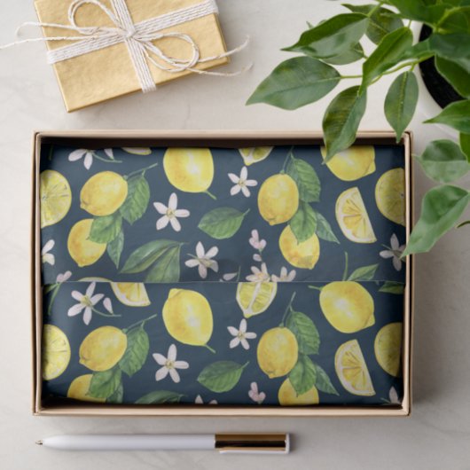 Navy Blauwe Citrus Citroen Bloemig Tissuepapier (Geschenk)