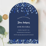 Navy blauwe confetti boog verjaardag kaart<br><div class="desc">Een moderne,  elegante en uitnodiging. Een blauw marinekleurend met blauwe confetti. Pas een naam en details aan en voeg deze toe. Witte tekst.</div>