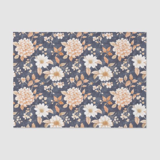 Navy Blauwe Crème Perzik Bloemige Verjaardag Tissuepapier (Voorkant)