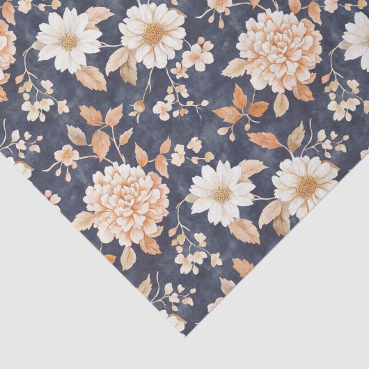 Navy Blauwe Crème Perzik Bloemige Verjaardag Tissuepapier (Detail)