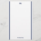 Navy Blauwe Dubbele Lijnen Monogram & Naam Briefpapier (Voorkant)