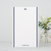 Navy Blauwe Dubbele Lijnen Monogram & Naam Briefpapier (Staand voorkant)