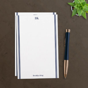Navy Blauwe Dubbele Lijnen Monogram & Naam Briefpapier