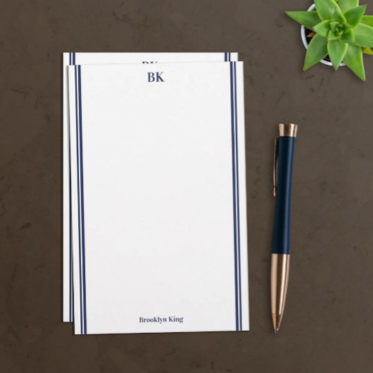 Navy Blauwe Dubbele Lijnen Monogram & Naam Briefpapier