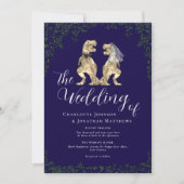 Navy Blauwe Elegante Dinosaur Huwelijk QR Code Kaart (Voorkant)