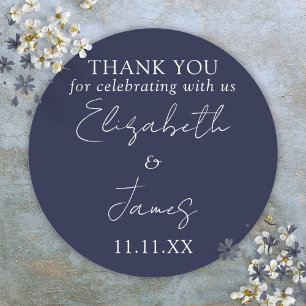 Navy Blauwe Elegante Schrift Trouw Dank Je Ronde Sticker