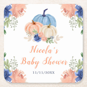 Navy Blauwe en Blush Bloemige Pompoenen Baby Showe Kartonnen Onderzetters