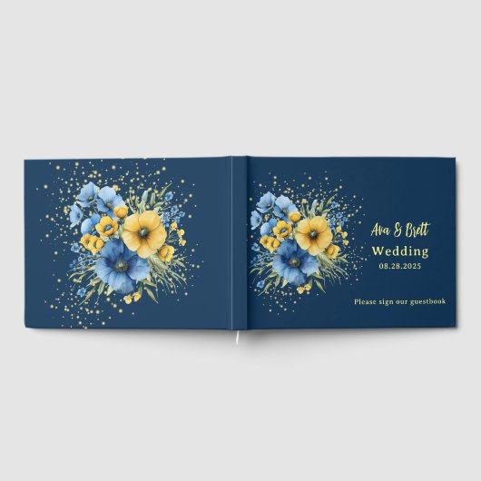 Navy Blauwe en Gele Bloemen Gouden Bruiloft Gastenboek (Volledig)