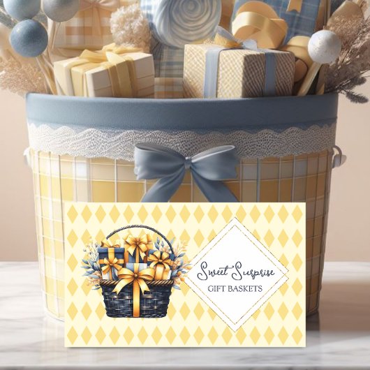 Navy Blauwe en Gele Gift Basket Visitekaartje