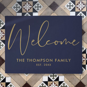 Navy Blauwe En Gouden Aangepaste Familienaam Welko Deurmat