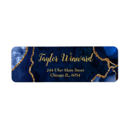 Navy Blauwe en Gouden Agate Marmer Verjaardagsfees Etiket