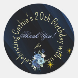 Navy Blauwe en Gouden Bloemen 20e Verjaardag Favor Ronde Sticker