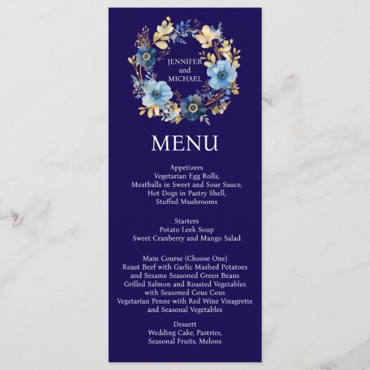 Navy Blauwe en Gouden Bloemige Menu Trouwmenu (Voorkant)