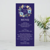 Navy Blauwe en Gouden Bloemige Menu Trouwmenu (Staand voorkant)