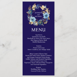 Navy Blauwe en Gouden Bloemige Menu Trouwmenu