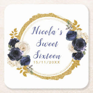 Navy Blauwe en Gouden Elegante Bloemen Sweet Sixte Kartonnen Onderzetters