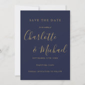 Navy Blauwe En Gouden Elegante Handtekening Script Save The Date (Voorkant)