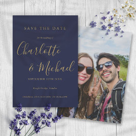 Navy Blauwe En Gouden Elegante Handtekening Script Save The Date