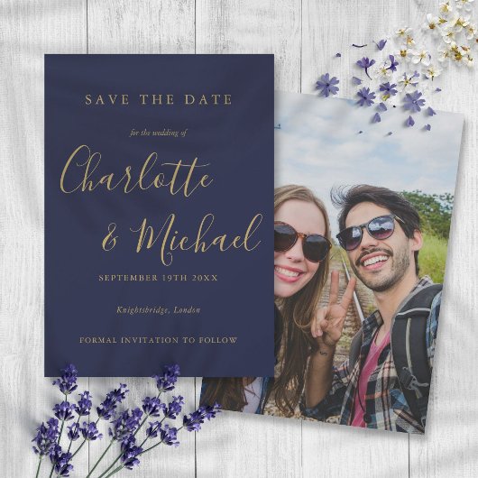 Navy Blauwe En Gouden Elegante Handtekening Script Save The Date