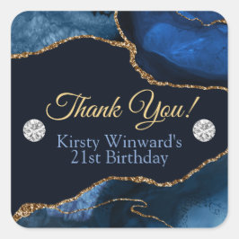 Navy Blauwe en Gouden Glitter Agate Verjaardagsfee Vierkante Sticker