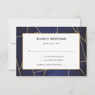 Navy Blauwe en Gouden Glitter Geometrische Lijnen RSVP Kaartje