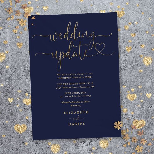 Navy Blauwe En Gouden Hart Script Trouwupdate Kaart